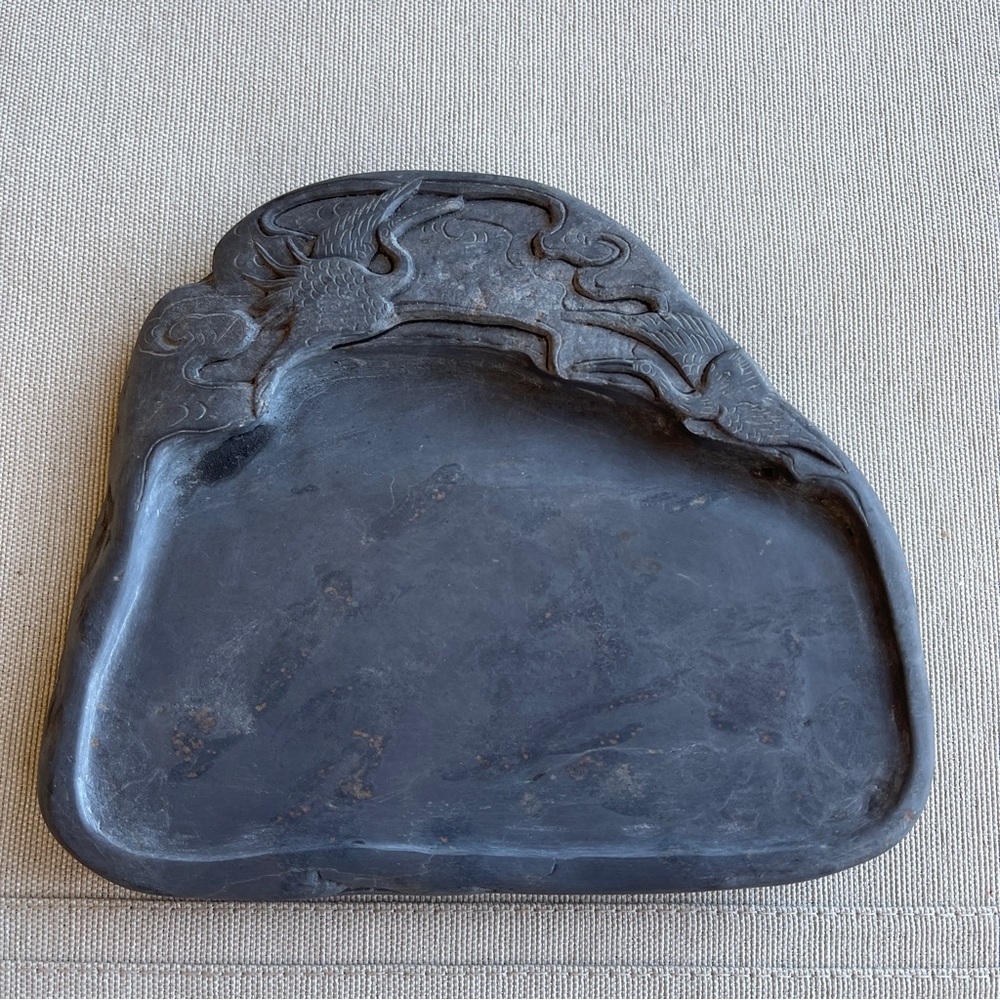 Carved Inkstone with Crane & Auspicious Cloud Motif — With Fitted Wooden Case (U